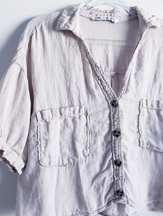 ZARA Linen Blend Cropped Button Down Shirt Cream M - Picture 3 of 8